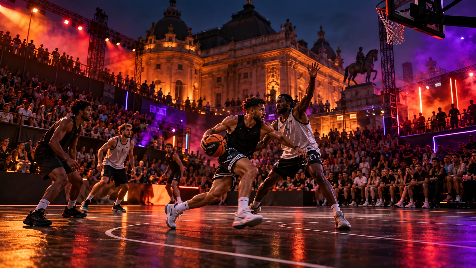Vizual ilustrativ cu atmosferă de eveniment urban de baschet